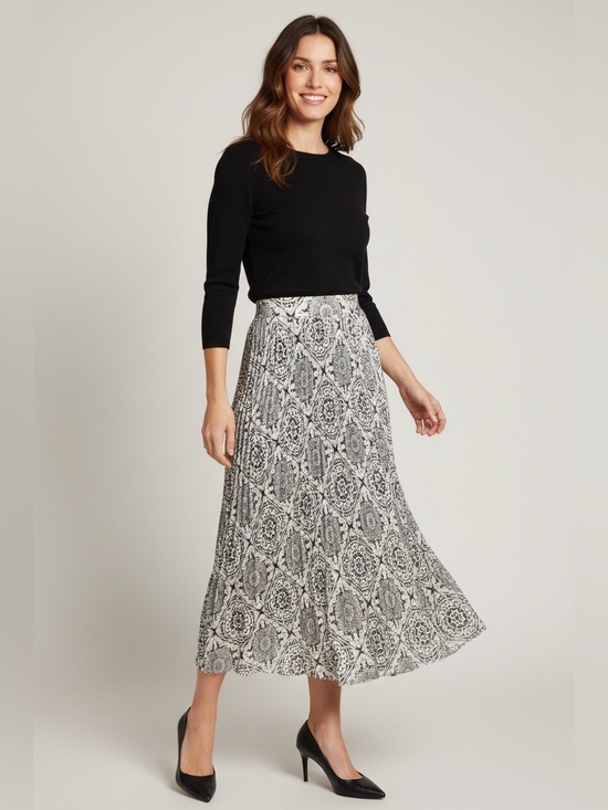 Very J Dresses & Skirts - Very J  | Pleated Plisse Midi Skirt Black and Tan Medallion Print L